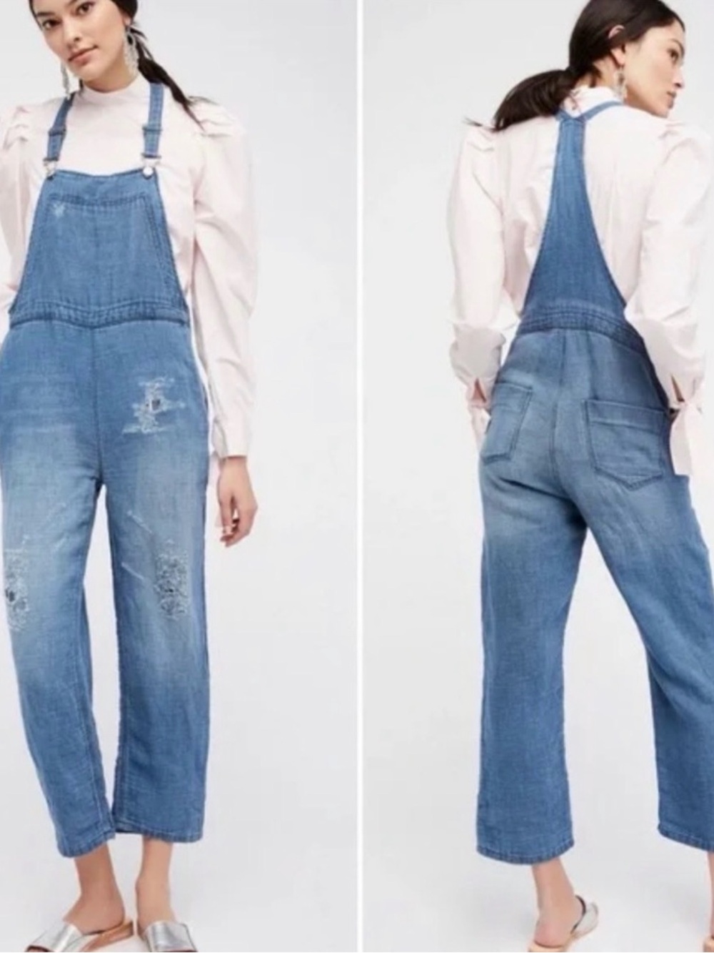 Free People Linen Blend Distressed Overalls Blue Small Side‎ Zip Boho